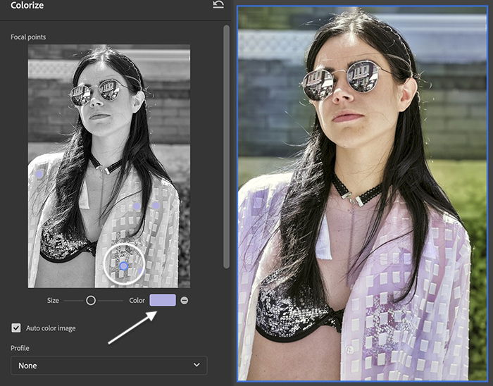 Screenshot of Colorize Photoshop Neural Filter panel highlighting focal points on a woman's portrait