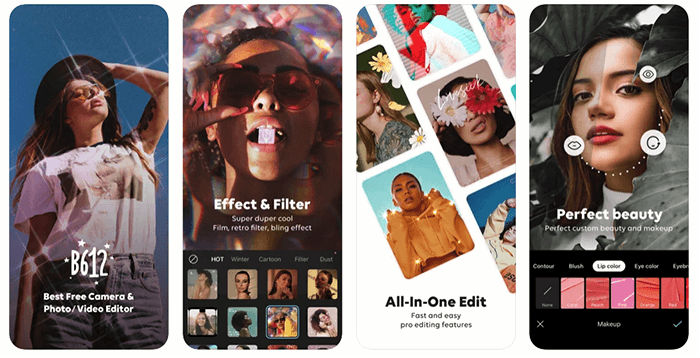 Screenshots of B612 photo video editor with face swap app features
