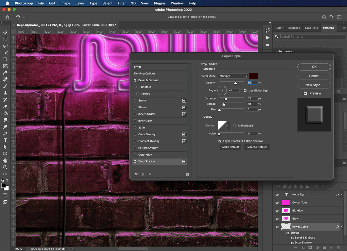 creating a shadow for the power cable using the drop shadow settings