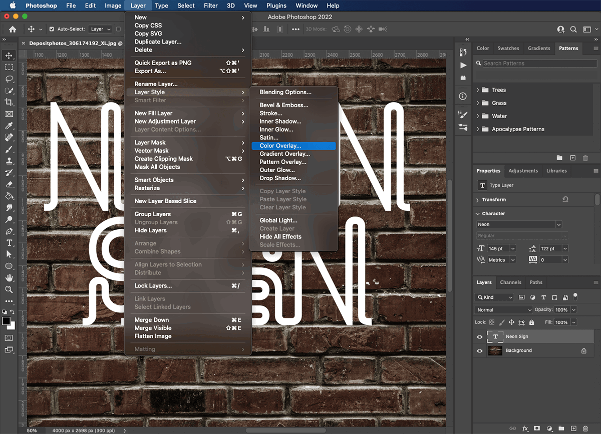 selecting color overlay from the layer style window menu