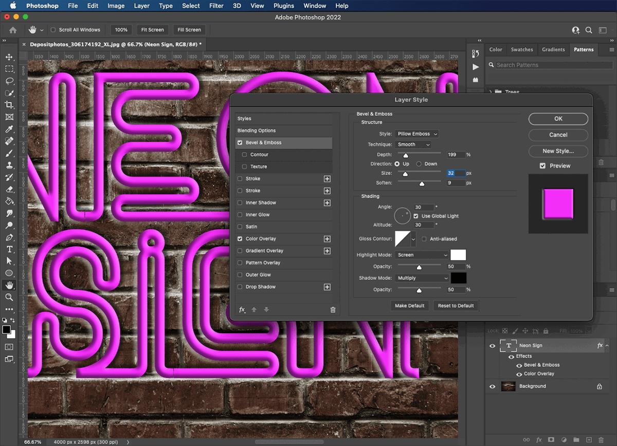 creating a tubular text effect with the bevel and emboss setting