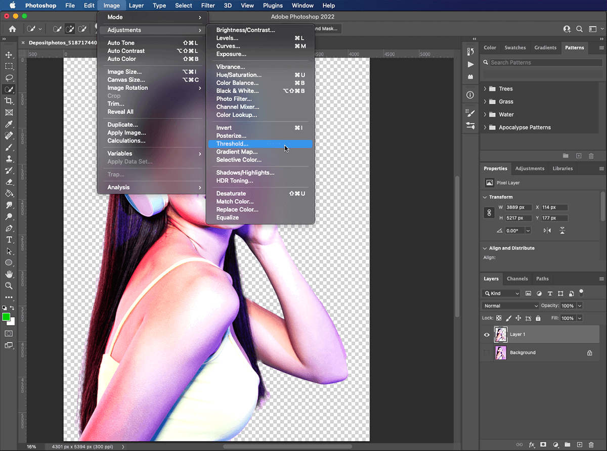 pop art in photoshop step 5: screenshot of Applying Threshold filter