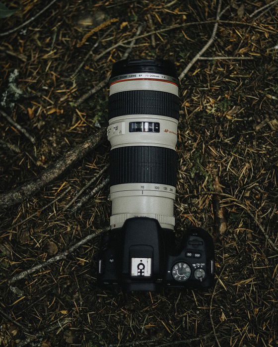 A camera with a telephoto lens and teleconverter shot from overhead