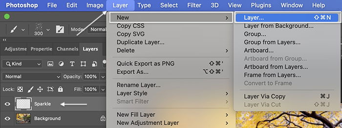 Photoshop screenshot of opening a new layer for a sparkle overlay in Photoshop