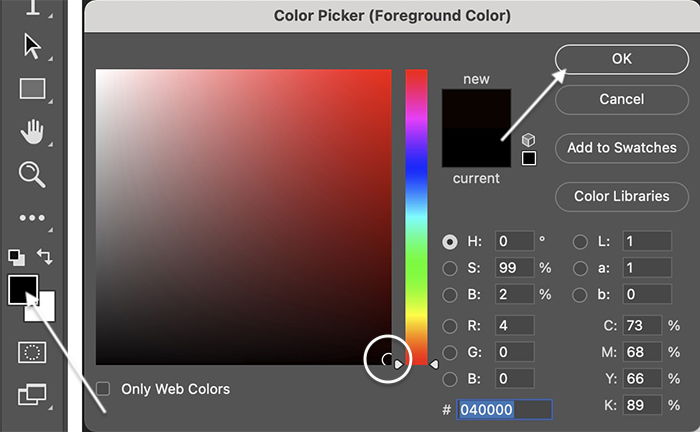 Screenshot of choosing foreground and back in Color Picker panel