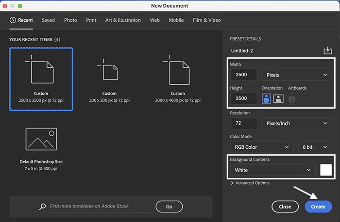 Screenshot of creating a new document for sparkle effect in Photoshop