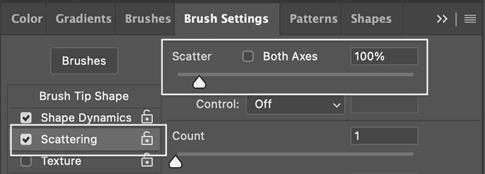 Photoshop screenshot brush settings panel scatter