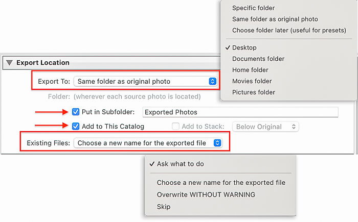 Screenshot of Export Location dialog box for Lightroom export settings