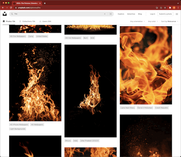 Screenshot of Unsplash stock image website search for fire photos