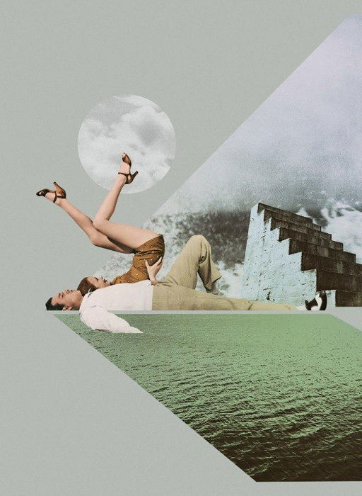 a digital collage of a couple laying on the ocean with the moon above them