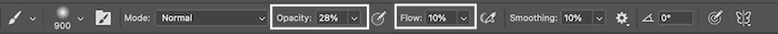 screenshot of the opacity and flow values in photoshop