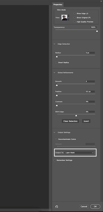 screenshot of output to layer mask in photoshop