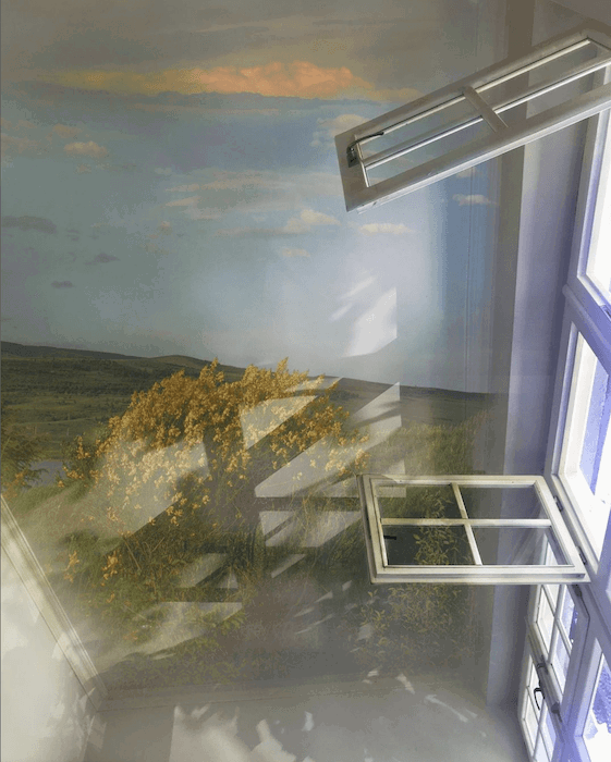 Double exposure where the camera is looking at the ceiling of the room. On this ceiling is a picture of a landscape in the summer or spring time. 