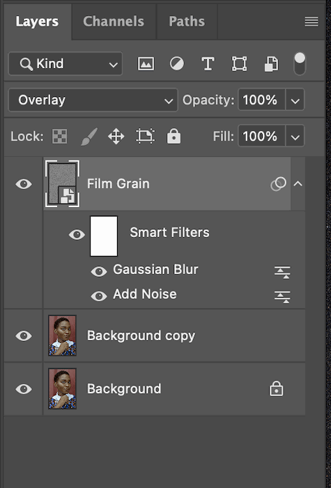 opening the filters on the film grain layer in photoshop