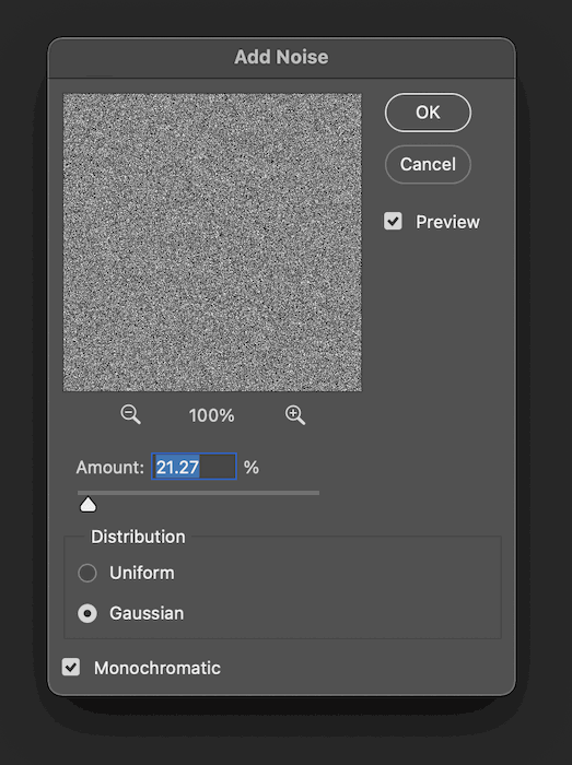 the photoshop dialog box that shows how much noise is in your photo