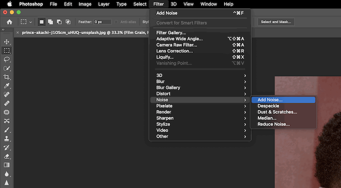 adding film grain in photoshop using the add noise filter in photoshop