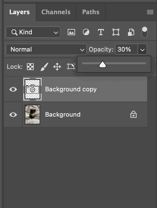 Reducing opacity in Photoshop Layers panel