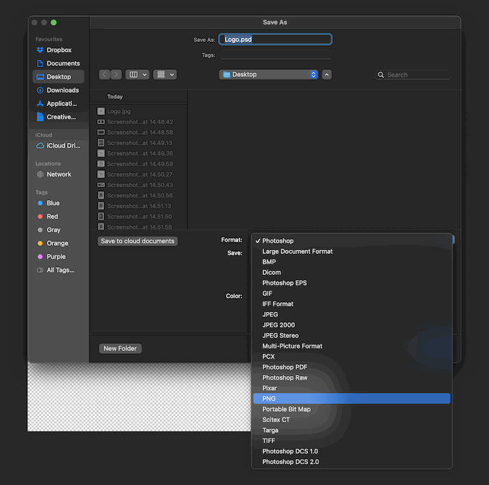 Screenshot of saving a PNG file in Photoshop