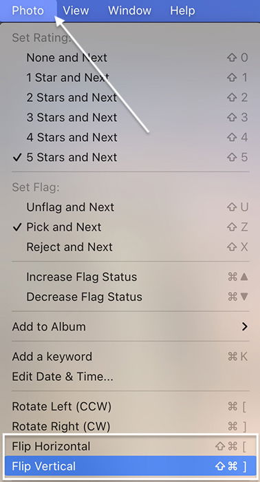 Lightroom CC screenshot of photo menu flip vertical command