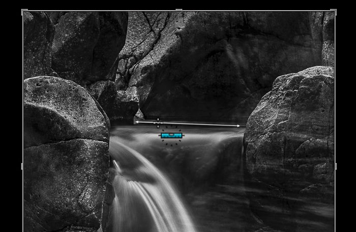 Lightroom screenshot of Spirit Level tool on a black and white waterfall image