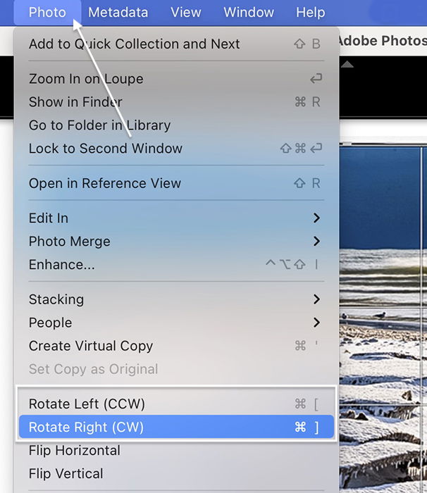 Lightroom Classic screenshot of photo menu option rotate right