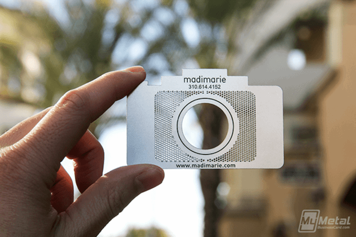 photography business card in shape of camera made out of metal 