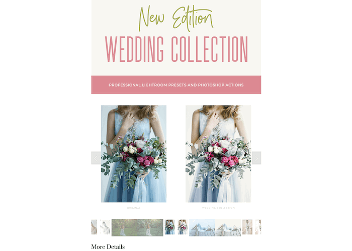 Screenshot of Be Art Presets website with a vintage collection of wedding presets for Lightroom