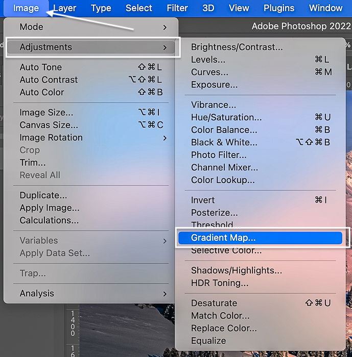 Photoshop screenshot to add a gradient map adjustment layer