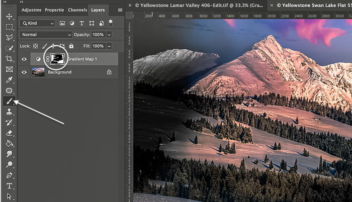 Photoshop screenshot paint black on layer mask for creating a color splash effect