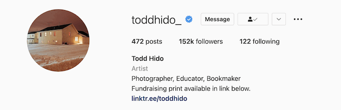 Photographer Todd Hido's Instagram bio