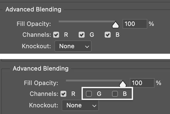 photoshop screenshot uncheck green and blue color channels