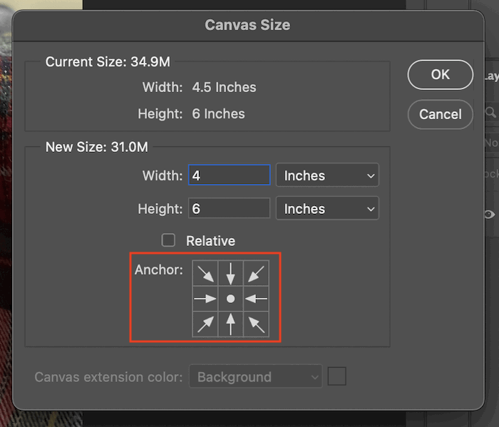 The anchor box in the canvas size panel