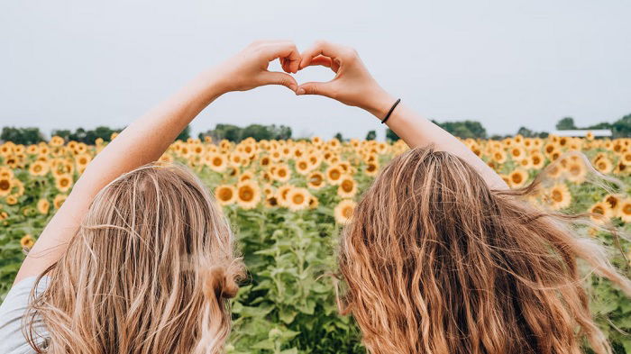 Two girls in a sunflower field making a hand heart as an idea for a best friend photoshoot