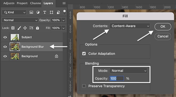 Photoshop screenshot of Layer panel and Content-Aware Fill panel