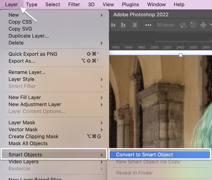 Photoshop screenshot selecting Convert to Smart Object