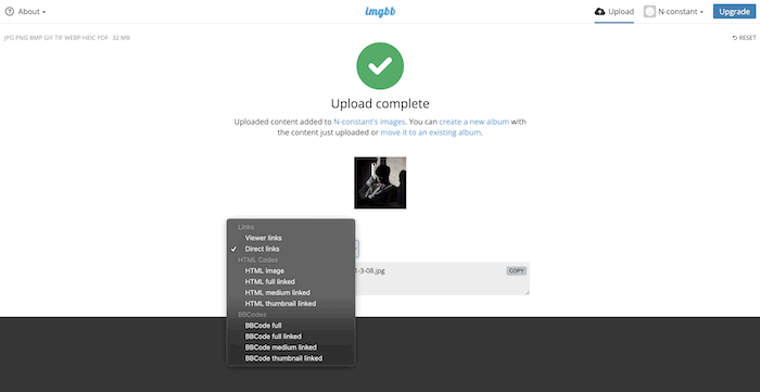 ImgBB upload complete screen with embed code options