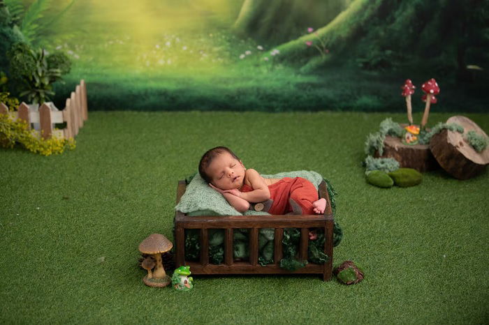 Newborn baby in miniature woodland scene as an example of newborn photo ideas