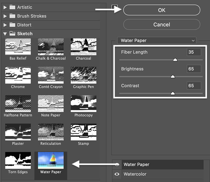 Photoshop screenshot filter gallery sketch water paper