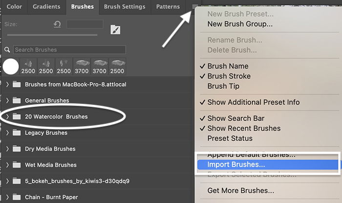 Photoshop screenshot of importing brushes