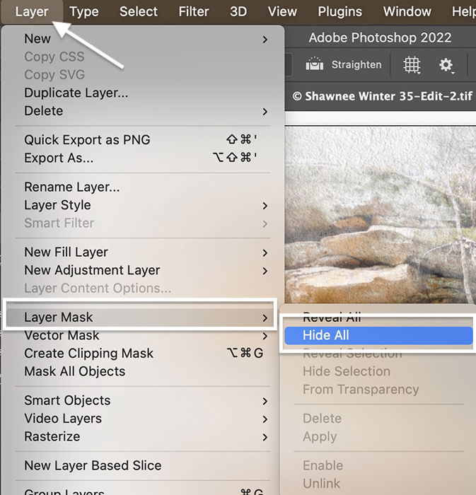 Photoshop screenshot of hide all layer mask