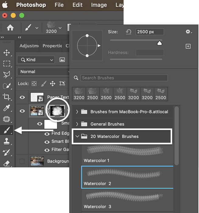 Photoshop screenshot of watercolor brushes
