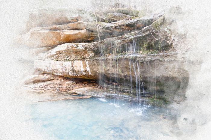 Waterfall landscape after watercolor effect in Photoshop