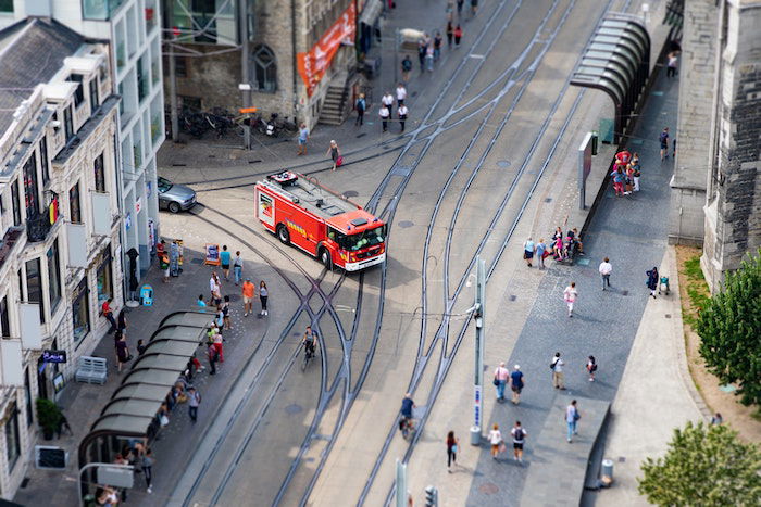 A tilt shift photography view of a city street