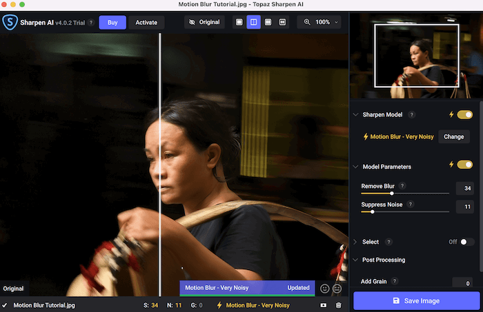 Sharpen AI tutorial showing a sample motion blur