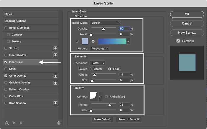 Photoshop screenshot layer style inner glow