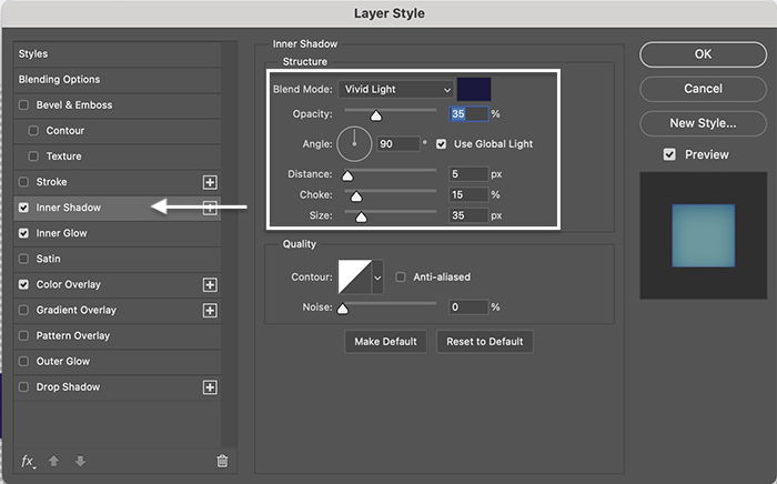 Photoshop screenshot layer style inner shadow