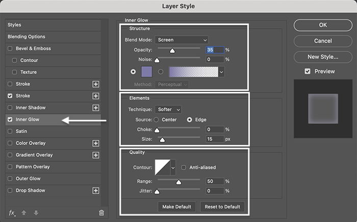 Photoshop screenshot inner glow layer style