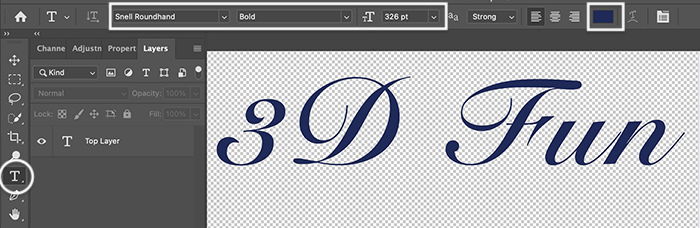 Photoshop screenshot of type tool text layer font size and color