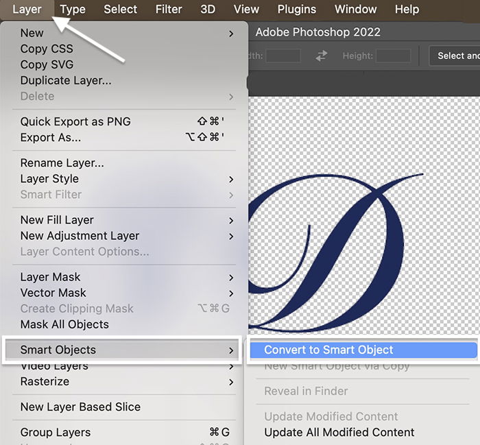 Photoshop screenshot of converting layer to a smart object