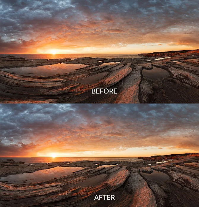 Before and after landscape shots of rocky coast